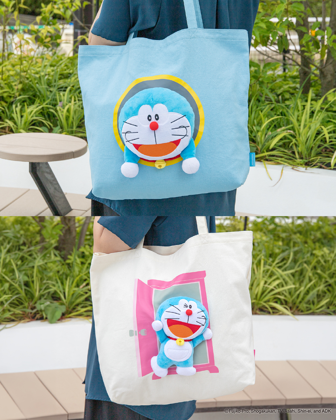 ぬいぐるみが縫いつけられたトートバッグ。 「ぬいぬいバッグ」に