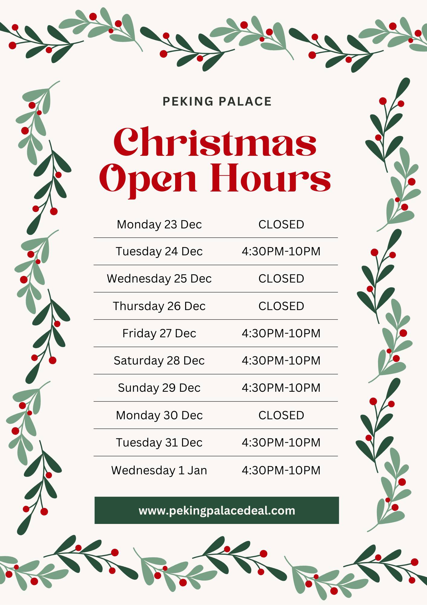 Peking Palace - 🎄 Holiday Hours at Peking Palace! 🎄 From... | Facebook
