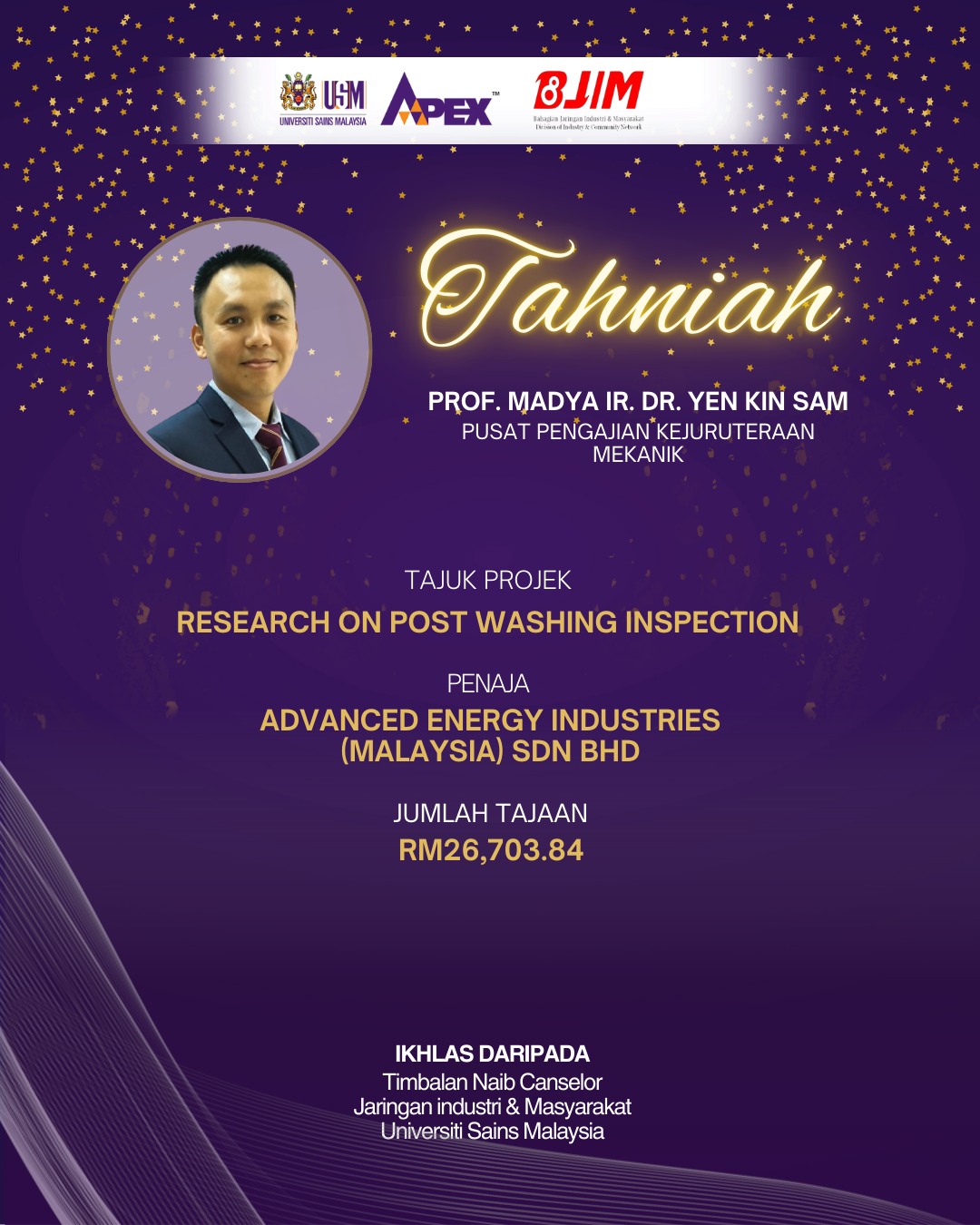 Bahagian - Tahniah diucapkan kepada Prof. Madya Ir. Dr. Yen Kin Sam ...