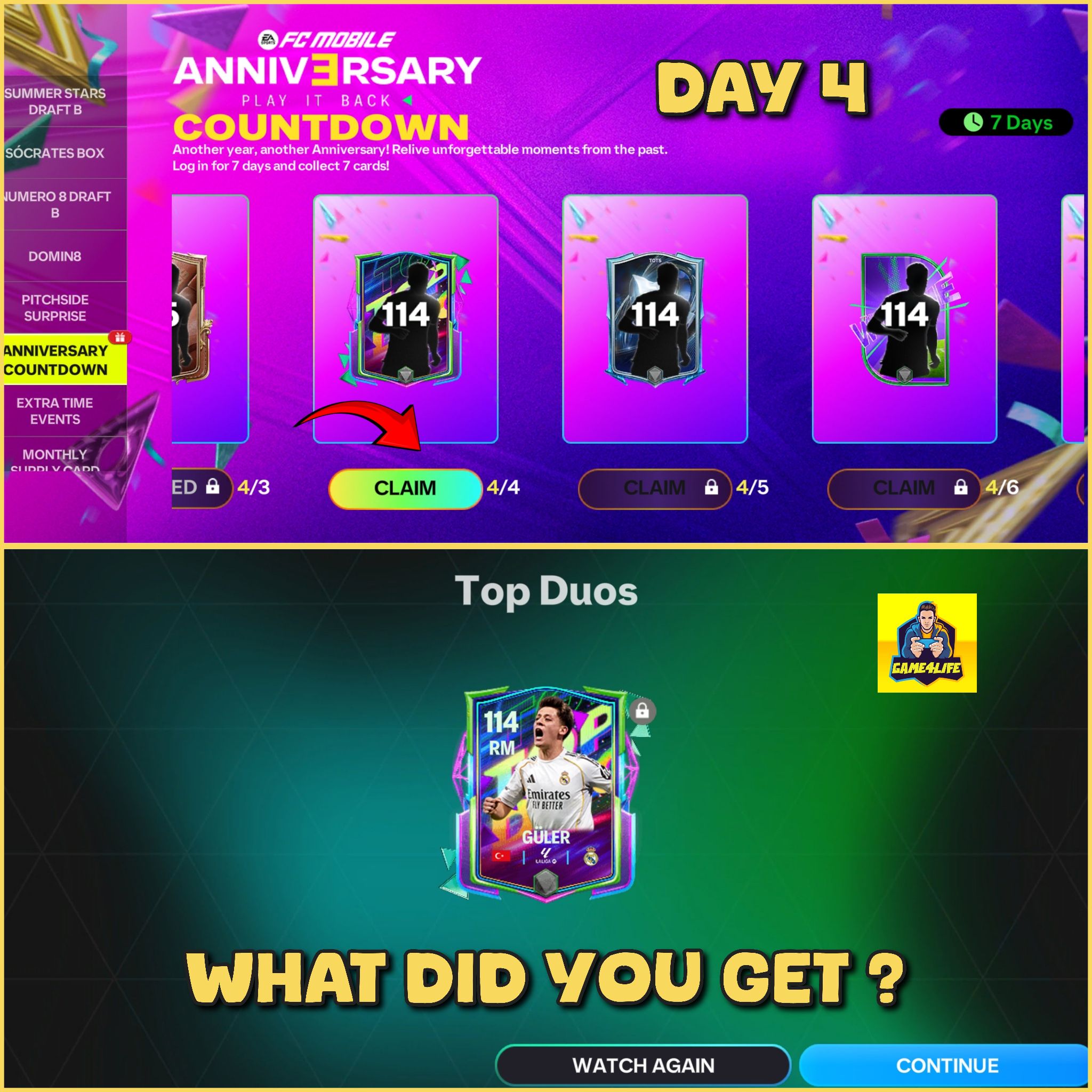 FC Mobile anniversary event day 4 login rewards and top duos event