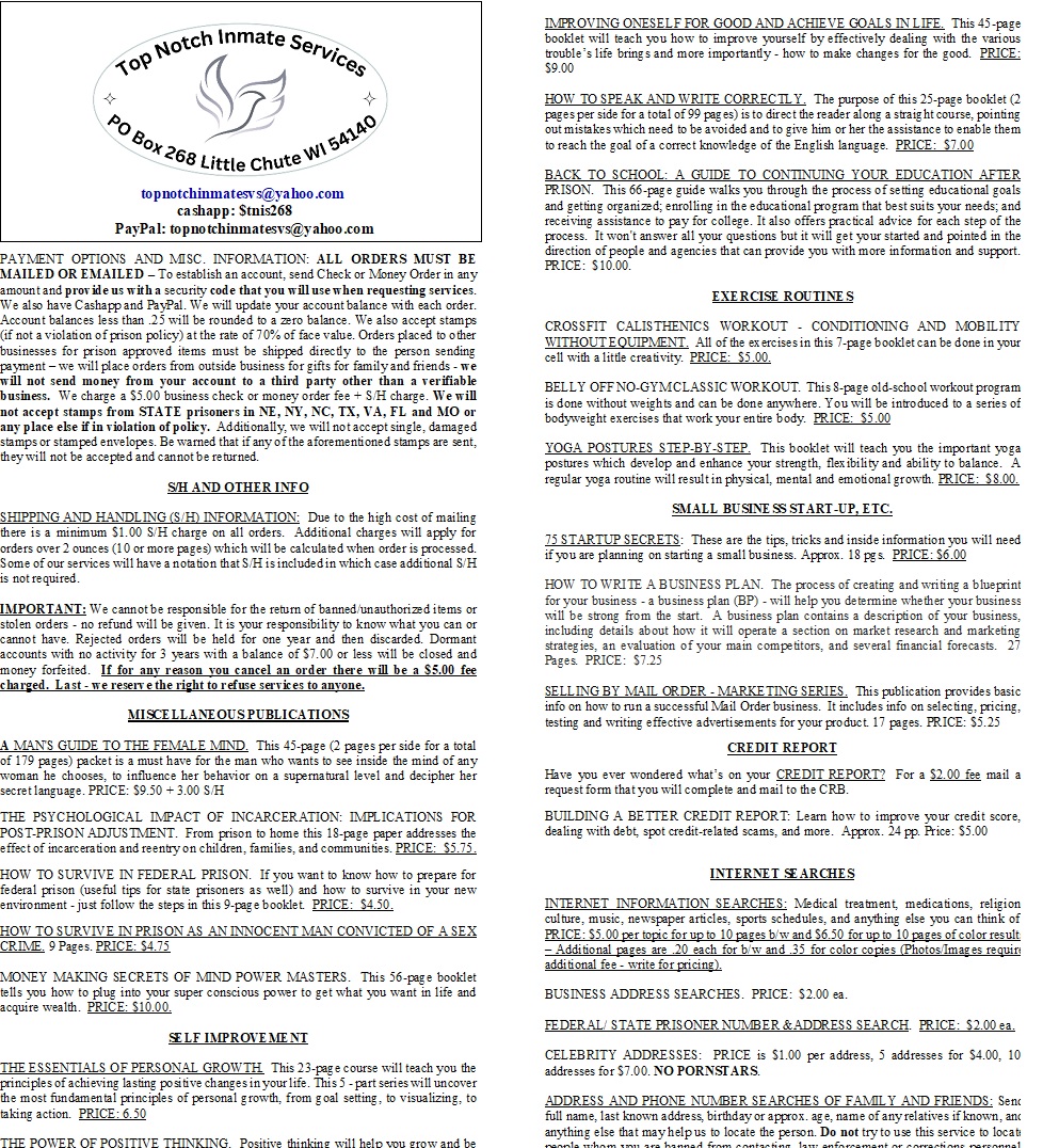 Top Notch Inmate Services, LLC | Little Chute WI