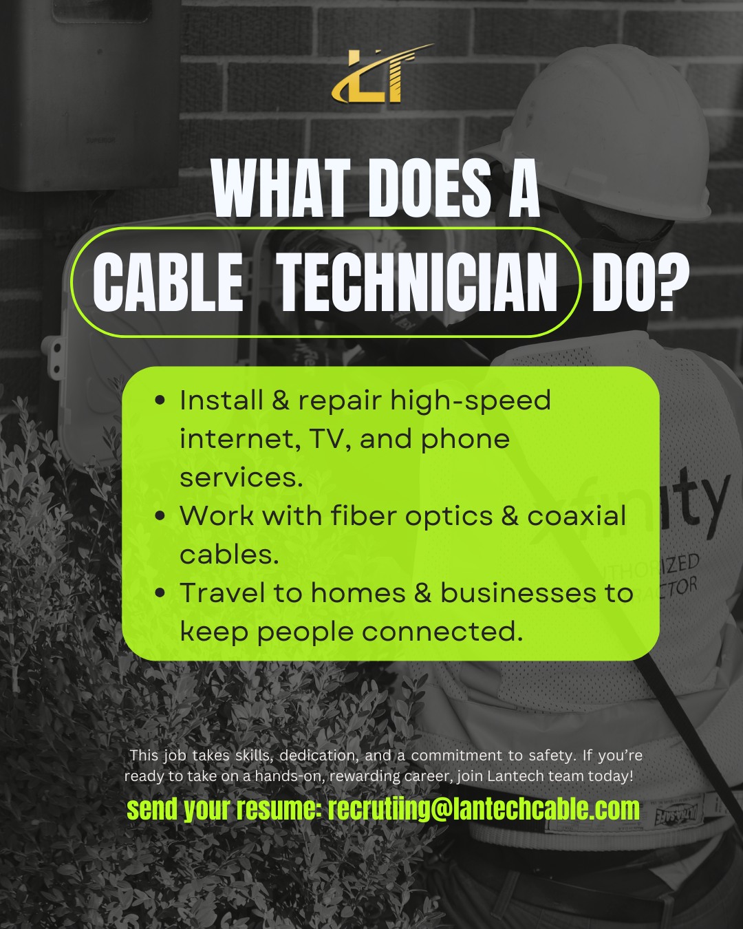 LanTech - 𝗪𝗵𝗮𝘁 𝗗𝗼𝗲𝘀 𝗮 𝗖𝗮𝗯𝗹𝗲 𝗧𝗲𝗰𝗵𝗻𝗶𝗰𝗶𝗮𝗻 𝗗𝗼? Cable Technicians install ...