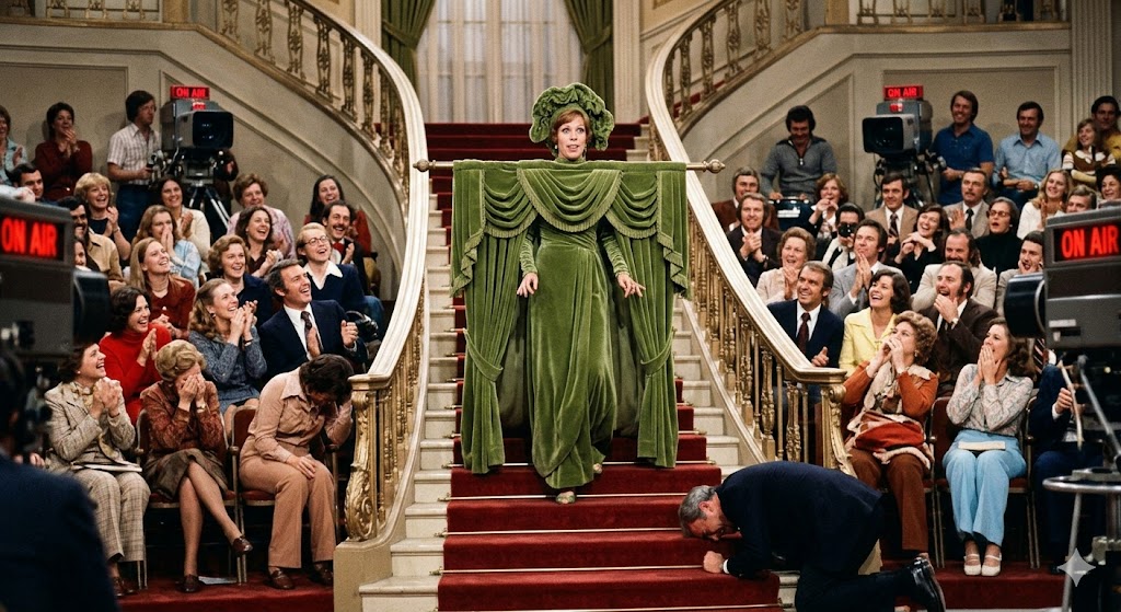 carol burnett green dress Burnett's hilarious curtain moment swatch:the-metallic-gabriella-dress-red-foil-606