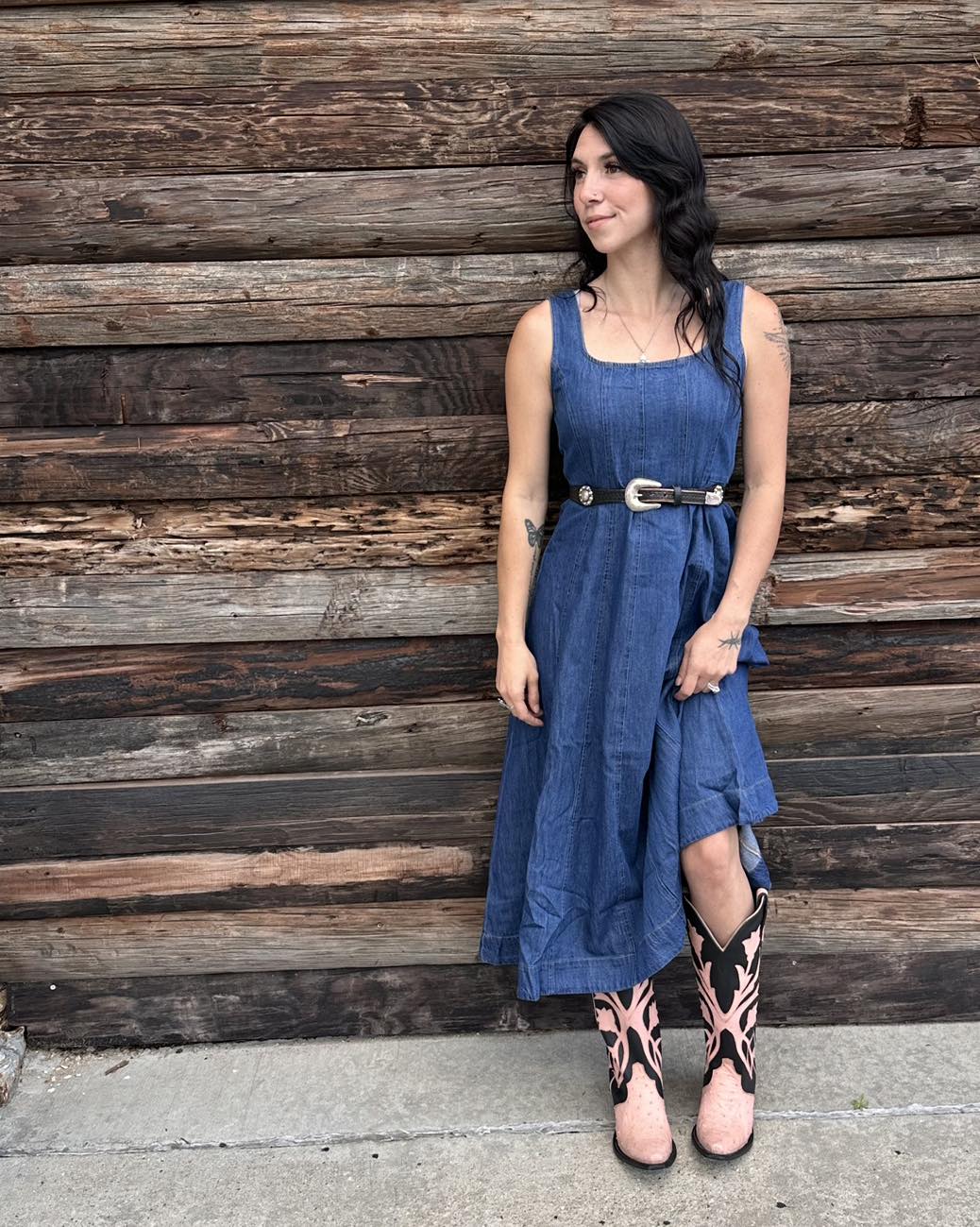 Making moves in this darling denim dress with the ever so obsessed with, Jolene Exotic Boot in Blush Ostrich & Jet Black. The details are what make both the dress & boots