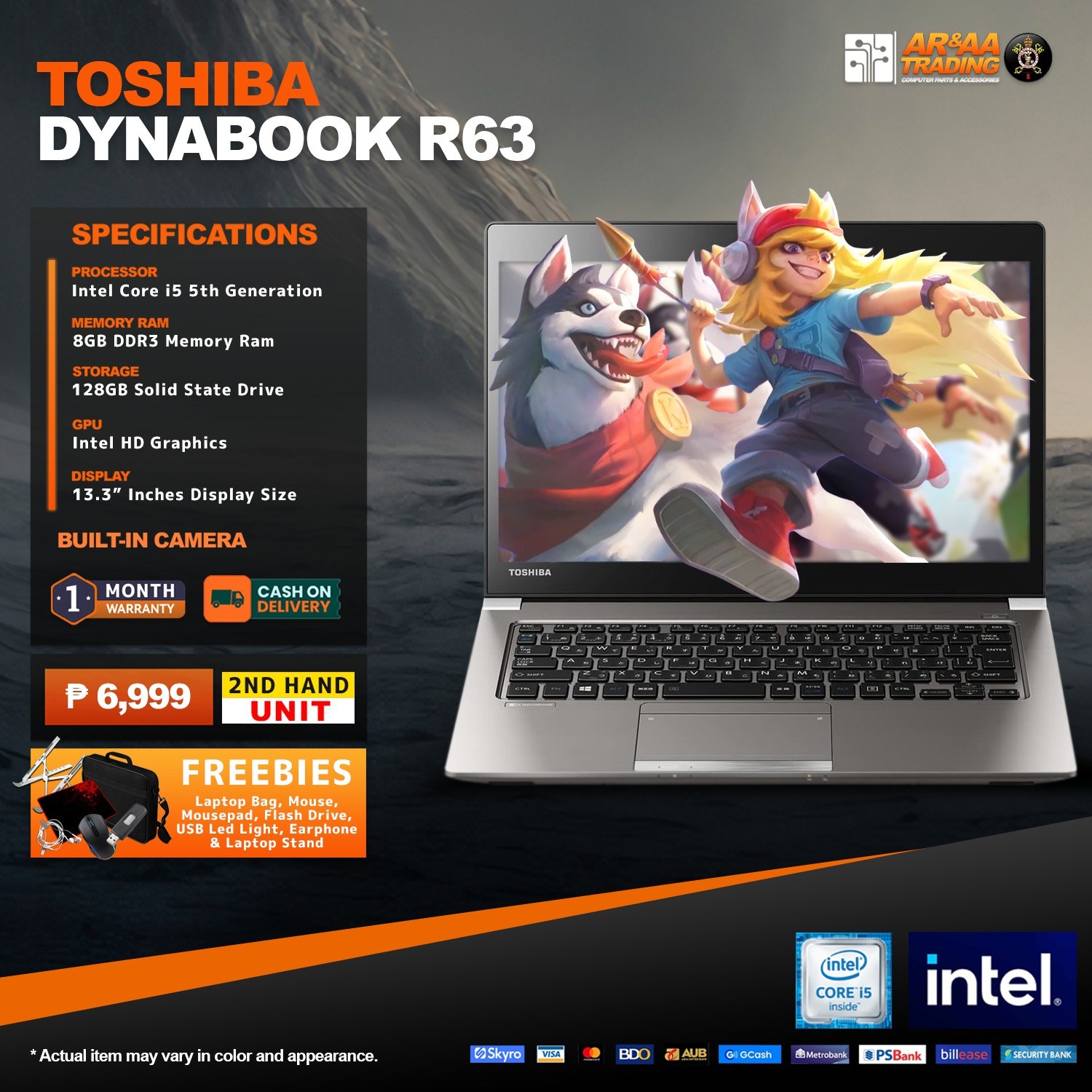 LAPTOP TOSHIBA DYNABOOK R63 INTEL CORE I5 5THGEN 8GB RAM 128GB SSD 