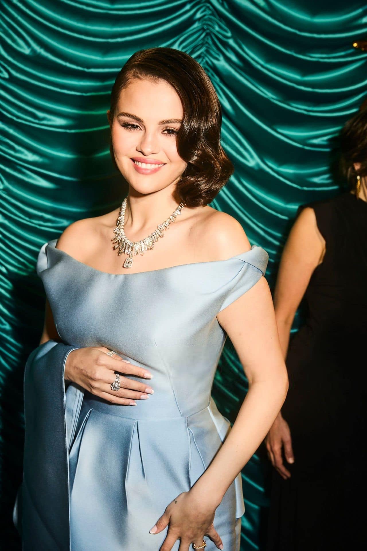 selena gomez blue dress golden globes Embodies Sophistication in Globe Awards Photoshoot maxi skirt