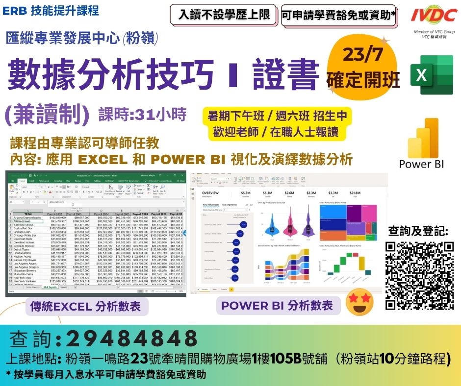 IVDC - #IVDC粉嶺 #數據分析技巧I證書 #兼讀制 7月暑期班 / #週六班 招生中 歡迎 #老師 及 #在職人士 報讀，更好掌握 ...
