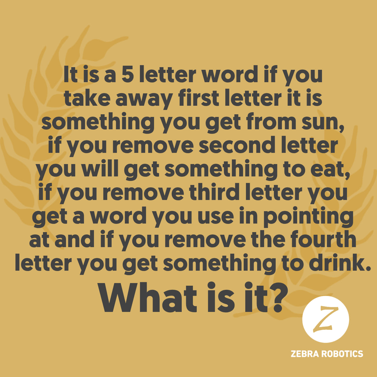 Zebra Robotics - It's time for another riddle! Last week's answer is ...