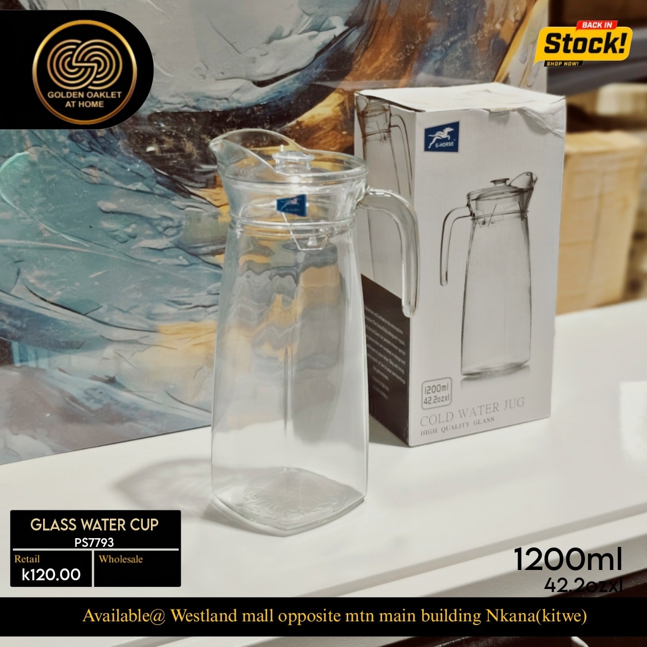 NowinStock!!! #Glass water jar #Size: 1200ml Retail.k120.00