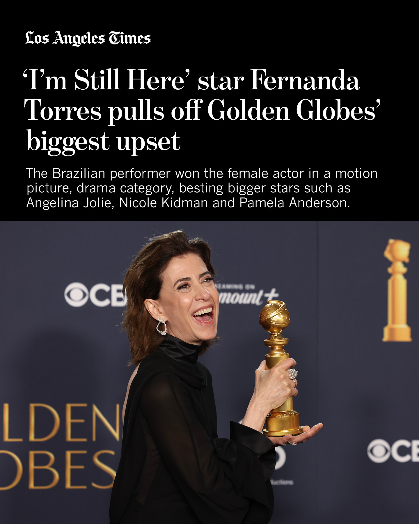 fernanda torres golden globes dress Torres, the Brazilian star of 'I'm Still Here,' pulled off the biggest upset of the night at the Globes, besting stars such as Angelina Jolie, Nicole Kidman and Pamela Anderson fernanda montenegro golden globe