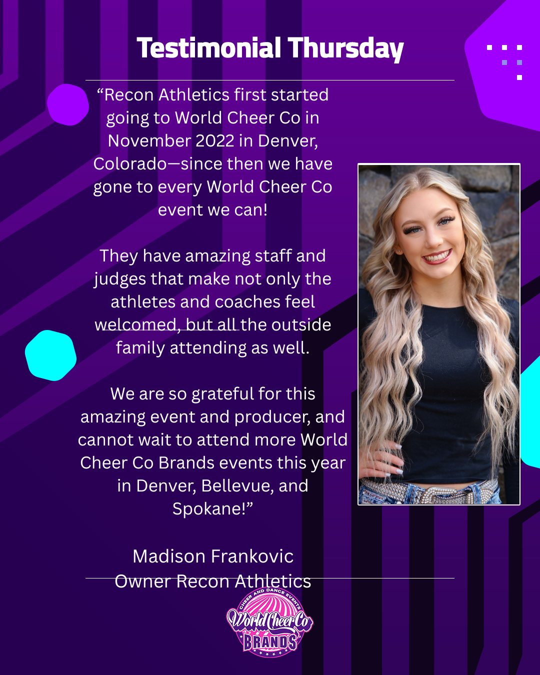 Testimonial Thursday We are so... - World Cheer Co - USA | Facebook