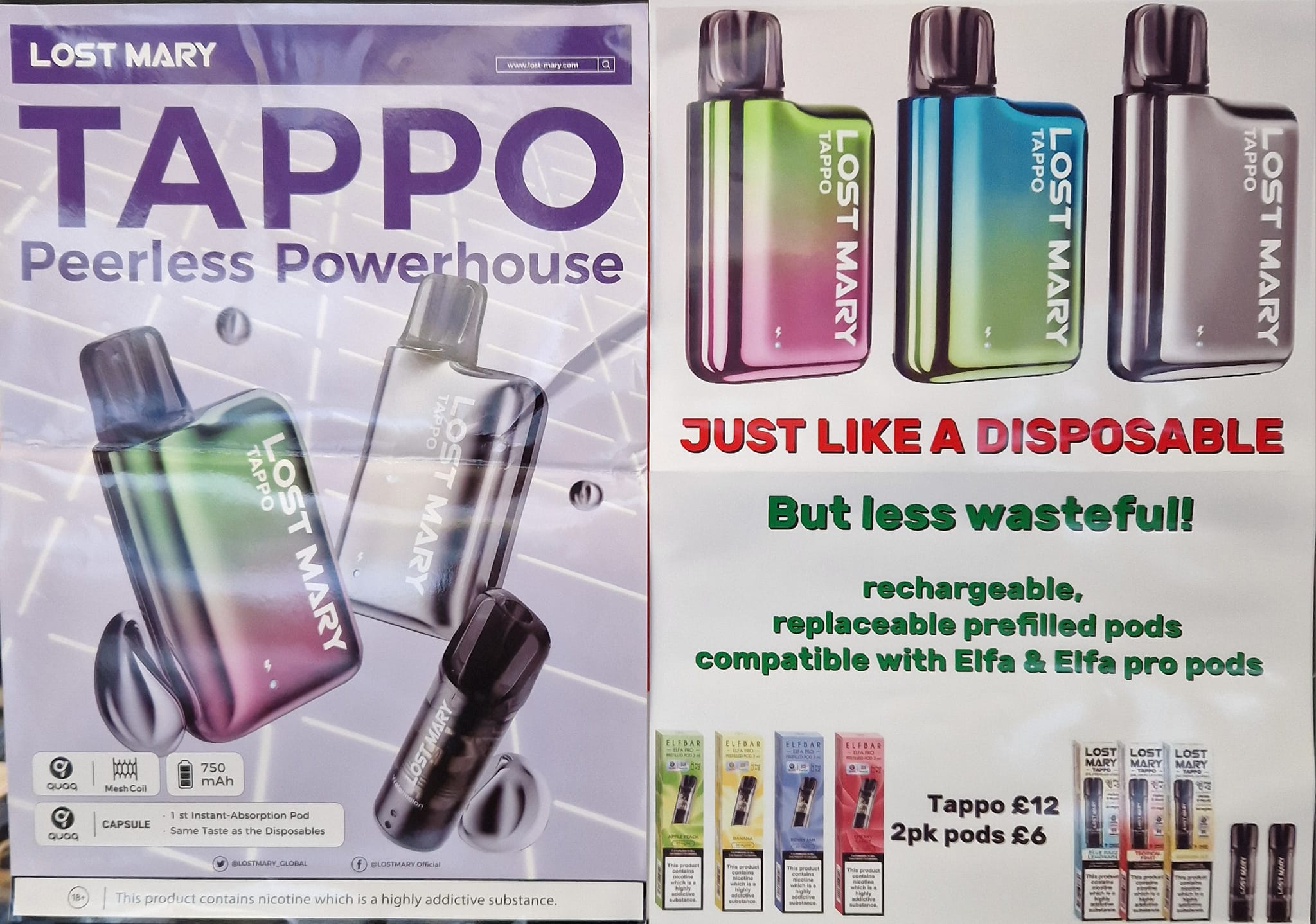 Less wasteful and cost you less than the single use vapes, these tappo are  rechargeable and take prefilled pods in packs of 2, compatible with elfa &  elfa Pro