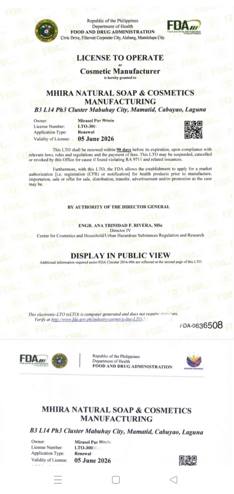 Mhira Natural Soap & Cosmetics Manufacturing is officially licensed by the Philippine Food and Drug Administration (FDA) to operate as a Cosmetic Manufacturer. Business Address: B3 L14 Ph3 Cluster Mabuhay City, Mamatid