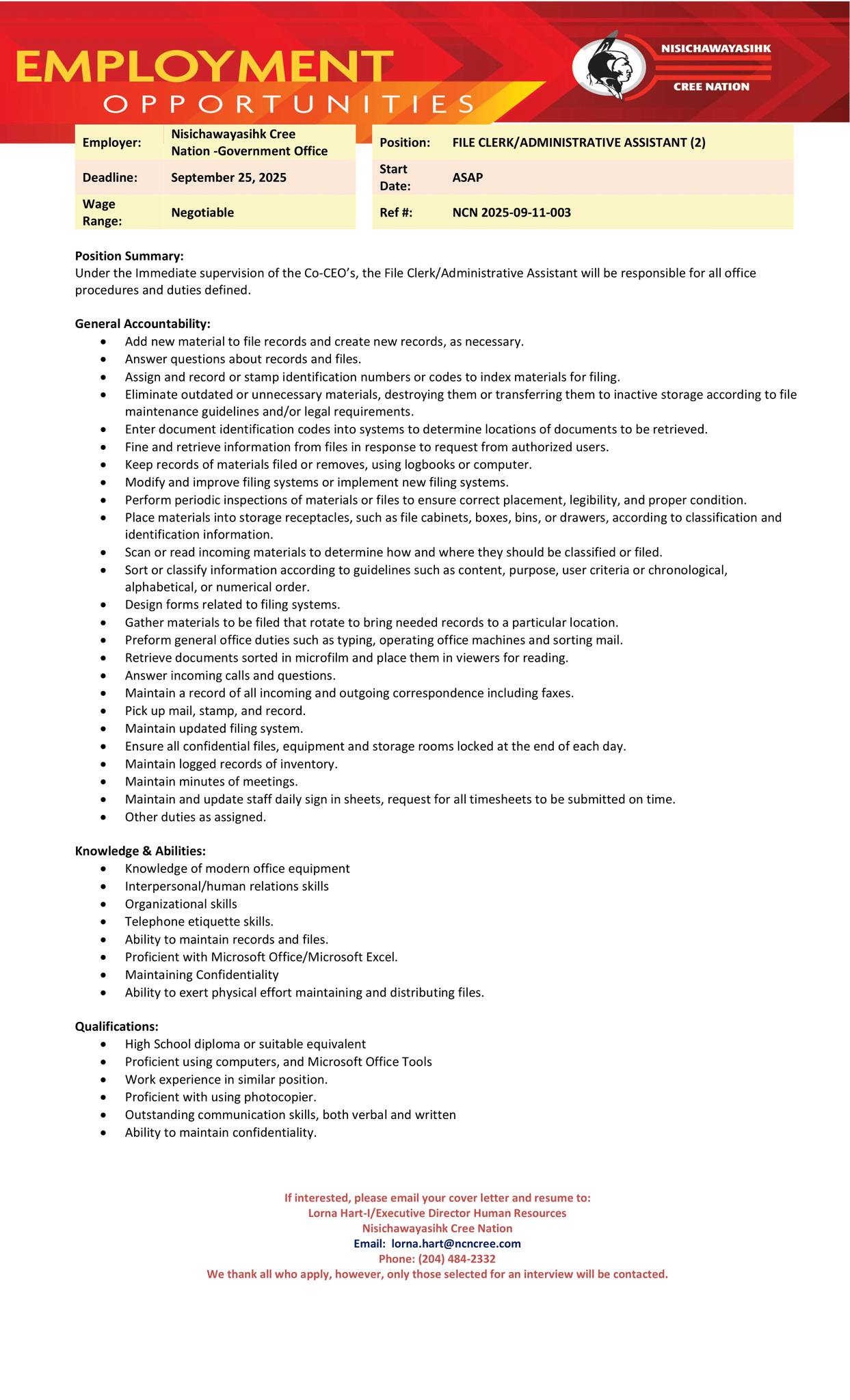 Nisichawayasihk - We’re Hiring: File Clerk/Administrative Assistant ...