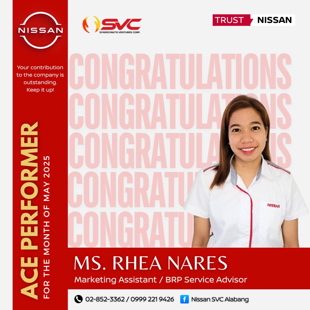 Nissan - Congratulations to Ms. Rhea Nares, our Ace Performer for May ...
