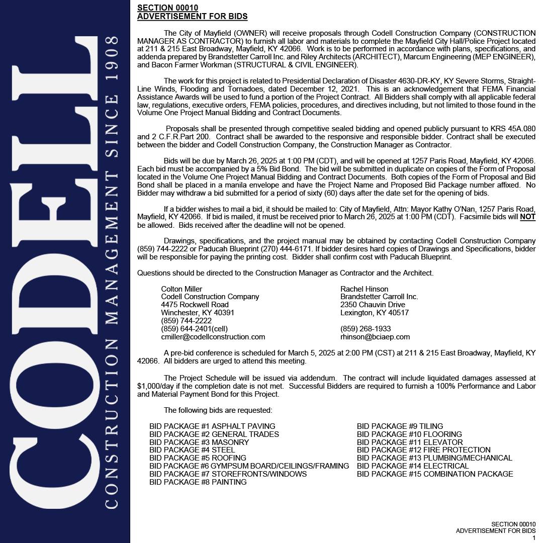 Codell - ***REVISED BID DATE*** The Bid Due Date for the Mayfield City ...