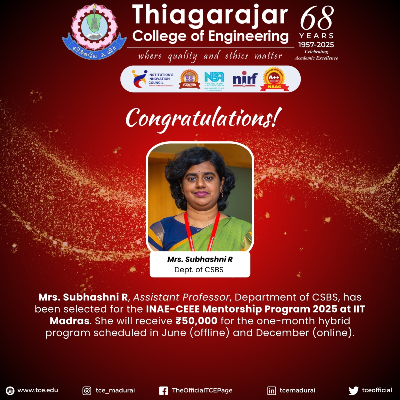 Thiagarajar - 🎉 Congratulations to Mrs. Subhashni R! We are happy to ...