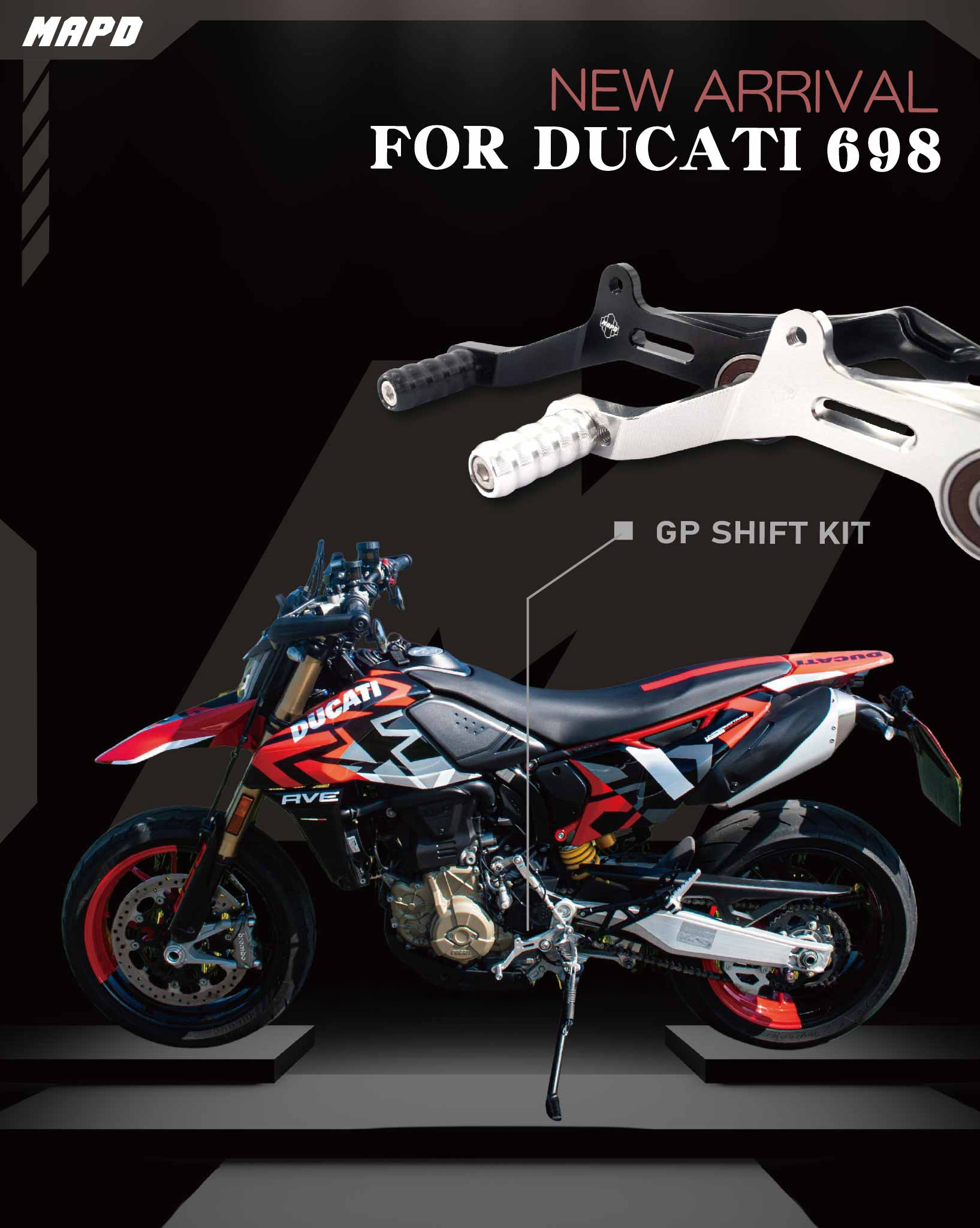 MAPD - #新品登場 ｜DUCATI 698 反打套件 CNC 鋁合金切削製成， 質感與剛性兼具。 提供... | Facebook