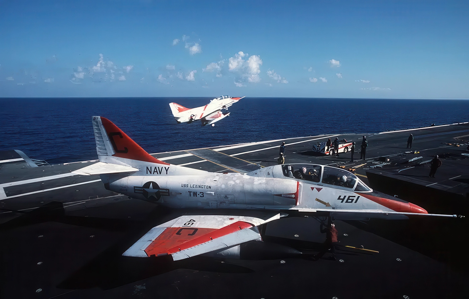 Jets - An A-4J Skyhawk waits behind the blast deflector aboard USS ...