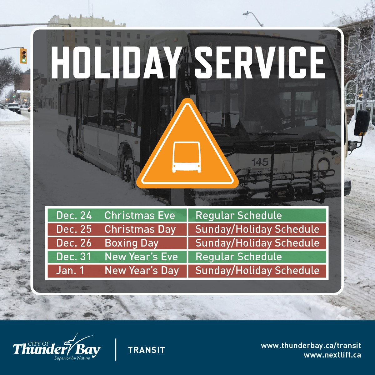 Holiday Service Hours Bus service... - Thunder Bay Transit | Facebook