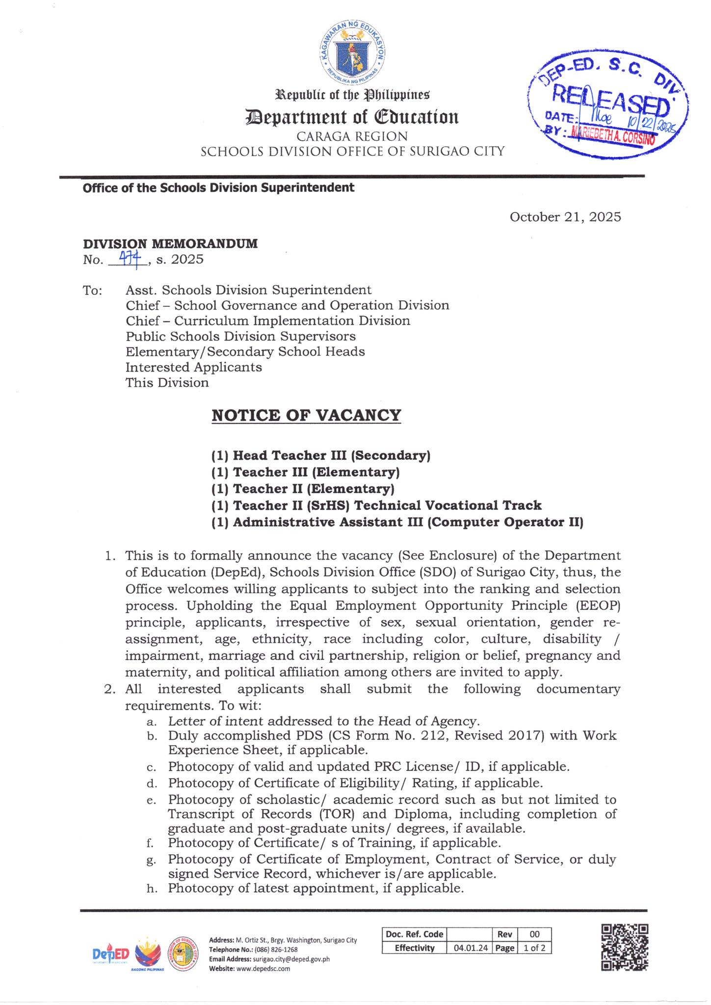ANNOUNCEMENT OF... - Personnel Unit - DepEd Surigao City SDO | Facebook
