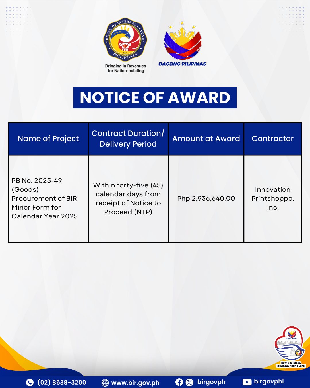 Bureau - Notice of Award PB No. 2025-49 (Goods) Procurement of BIR ...