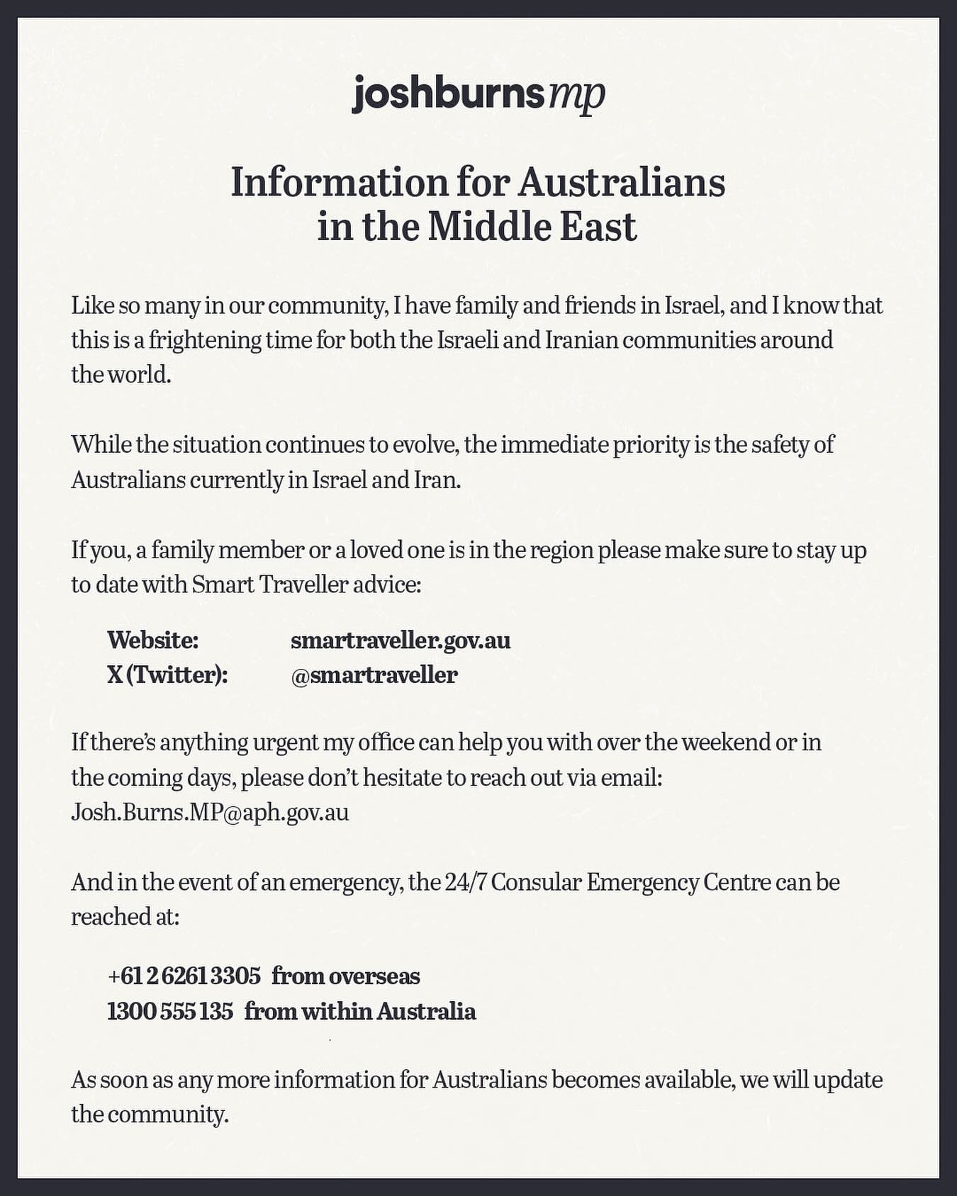Josh - UPDATE: For Australians currently in the region, please register ...