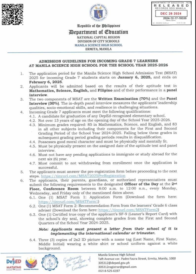 Admission Guidelines for... - Manila Science High School | Facebook