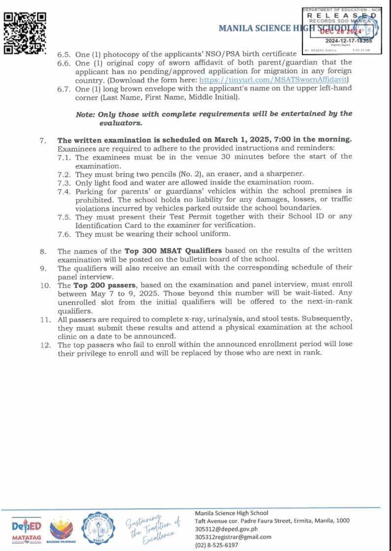 Admission Guidelines for... - Manila Science High School | Facebook