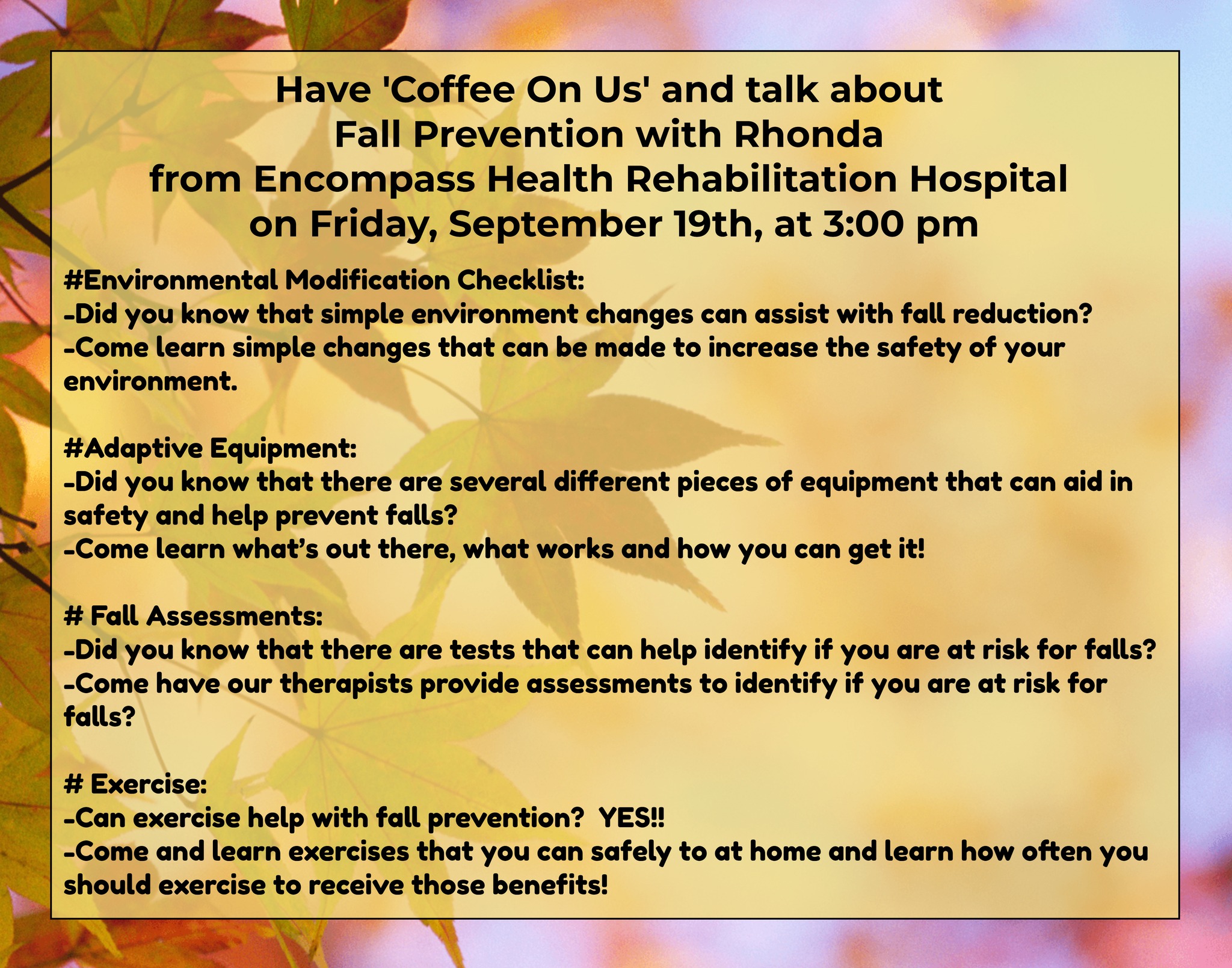 Peaceful - Join us for Coffee On Us and learn about Fall Prevention ...