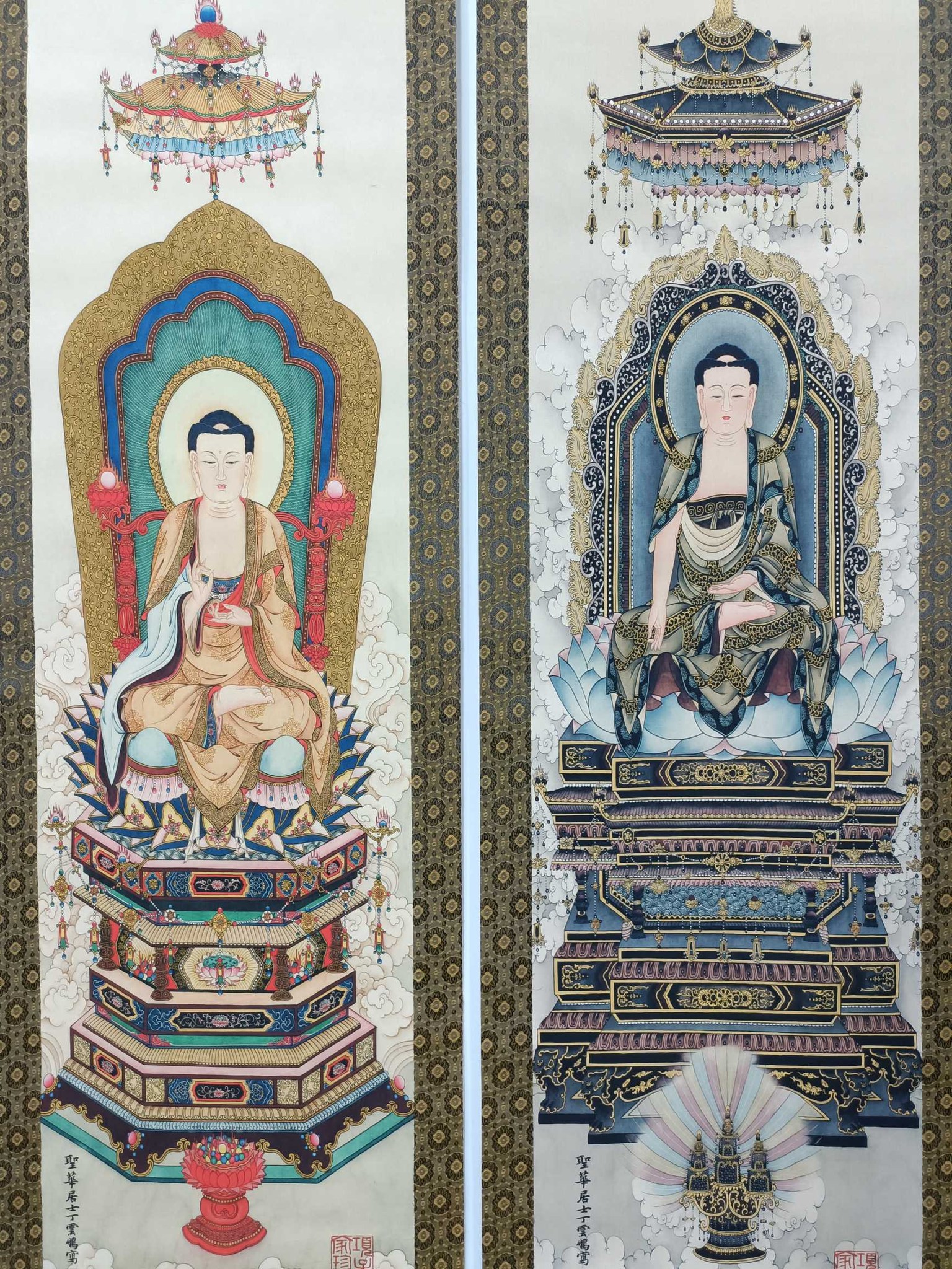 丁雲鵬】佛像圖四條屏帶證書，尺寸:38*180cm，畫芯尺寸:30*121cm
