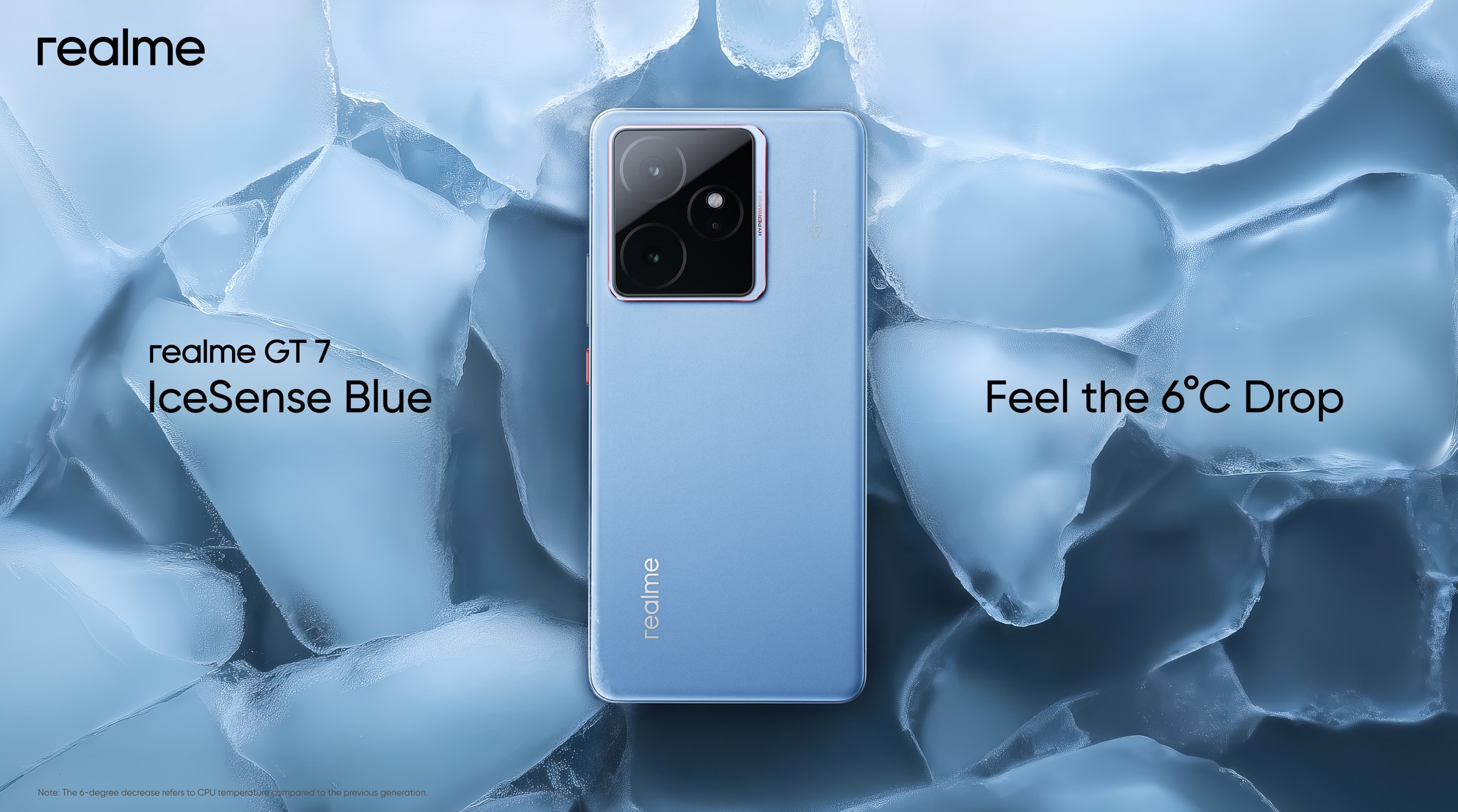 realme GT 7 in IceSense Blue and IceSense Black. The world's first