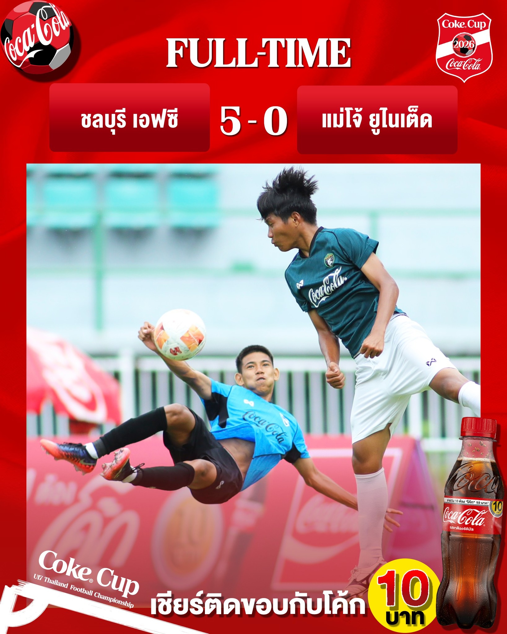 ผลฟุตบอล Coke® Cup U17 ชิงแชมป์ประเทศไทย ในรอบรองชนะเลิศ ❇️คู่ 15:00 น. ประจำวันที่ 22 สิงหาคม 2569 🔴 ชลบุรี เอฟซี ชนะ แม่โจ้ ยูไนเต็ด 5-0 🏟 สนามกีฬาแห่งชาติ (ศุภชลาศัย) ติดตาม รายละเอียดเพิ่มเติมได้ที่เฟซบุ๊กของ Coca-Cola Thailand และสมาคมกีฬาฟุตบอลแห่งประ