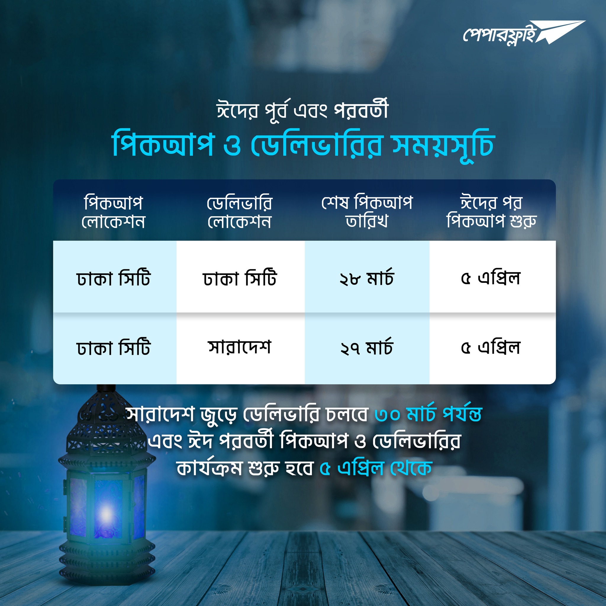 Paperfly - ঈদের পূর্ব এবং পরবর্তী পিকআপ ও ডেলিভারির লোকেশন এবং সময়সূচি ...