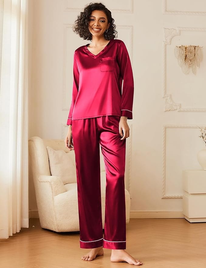 Women's Christmas Matching Pajama Set - Satin Long Sleeve PJS With Button Top, Dark Red Size L
