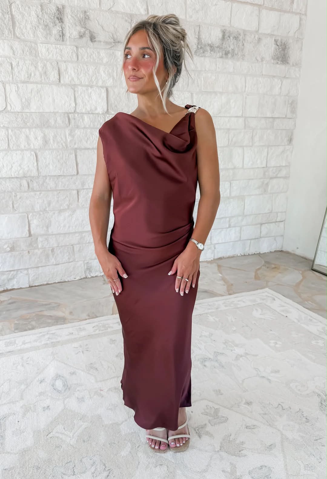 chocolate chiffon asymmetric strap draped midi dress brown and satin make such a beautiful pairing 🤎 This features an asymmetrical neckline and defined waist for an effortlessly polished look. Add heels and statement jewelry for Chiffon fabric Color:SILV/GLD Fabric Type: ITY AND MESH Concert Attire Ultimate Guide: Made from 100% polyester