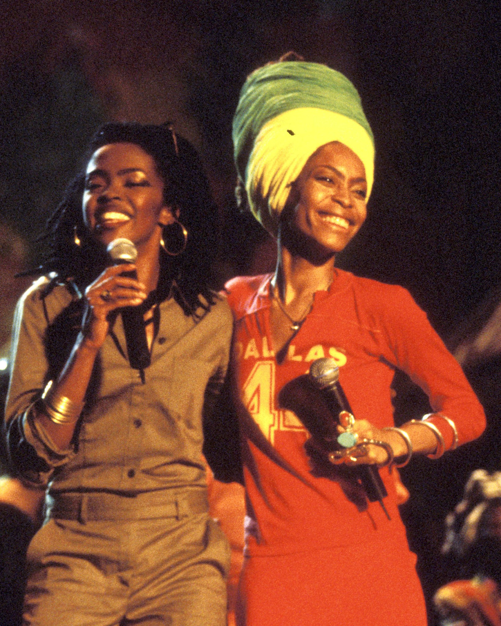 Lauryn Hill and Erykah Badu performing at the Bob Marley All-Star 