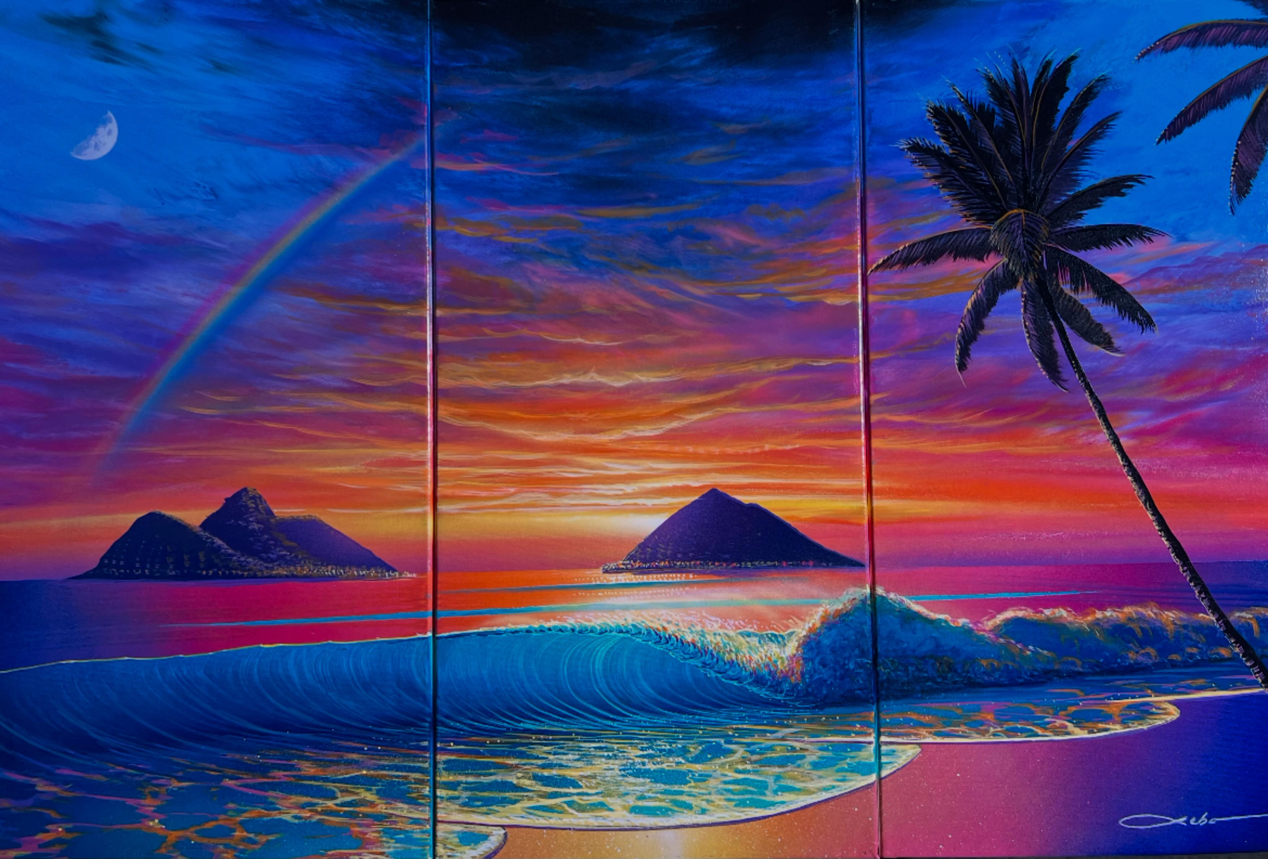海の絵。原画。手描き。光の海sunrise。テンペラ画。 Lanikai Beach sunrise triptych painting by Sebo Art