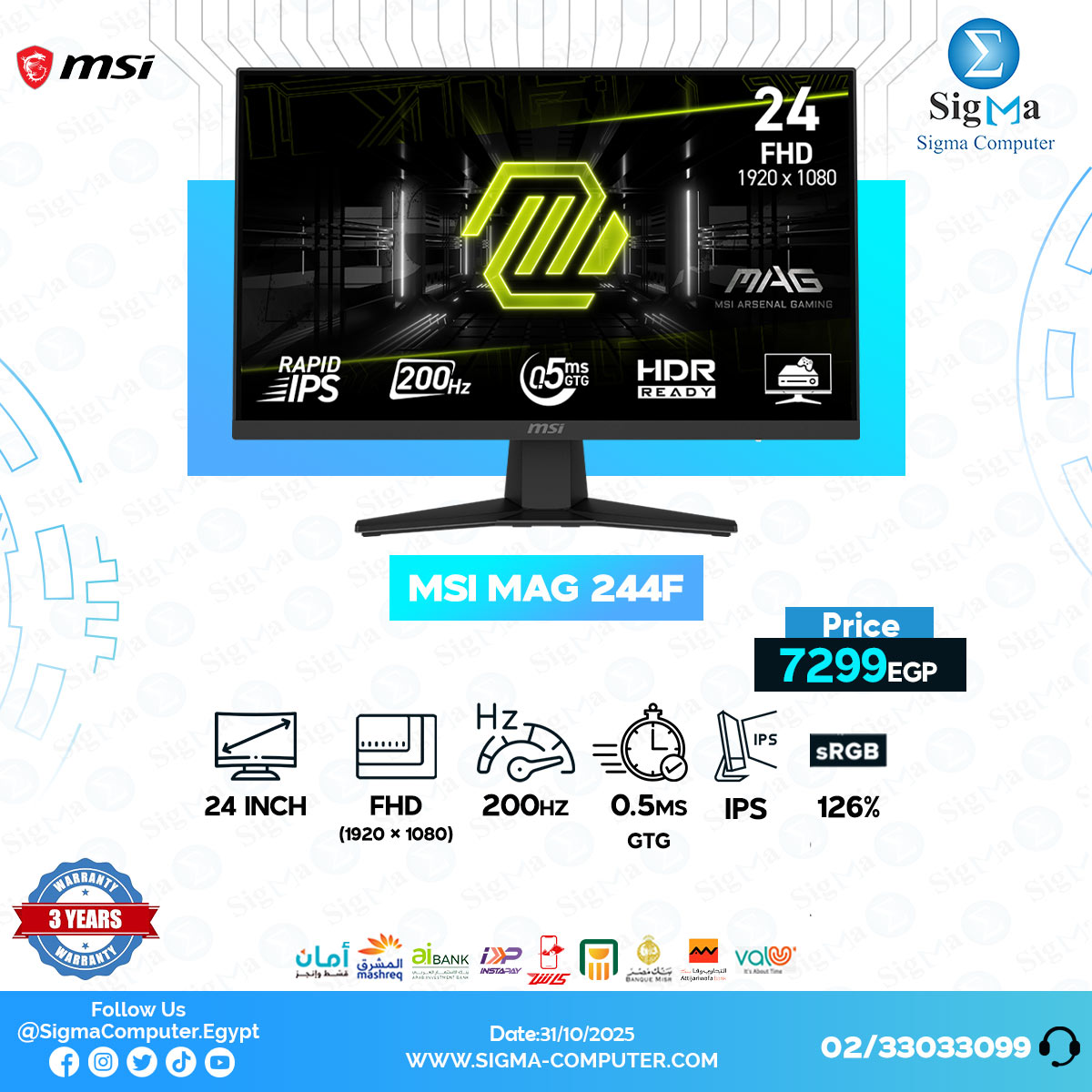 Sigma - MSI MAG 244F 24-inch 1920 x 1080 (FHD) Gaming Monitor, 200Hz ...