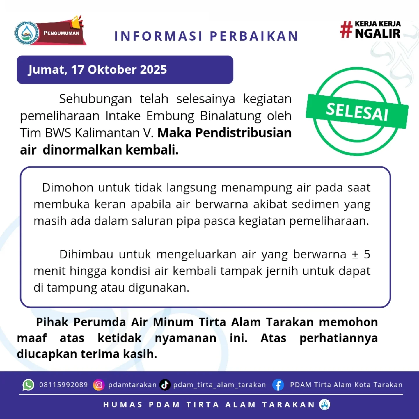 Tukang - Sehubungan telah selesainya kegiatan pemeliharaan Intake ...