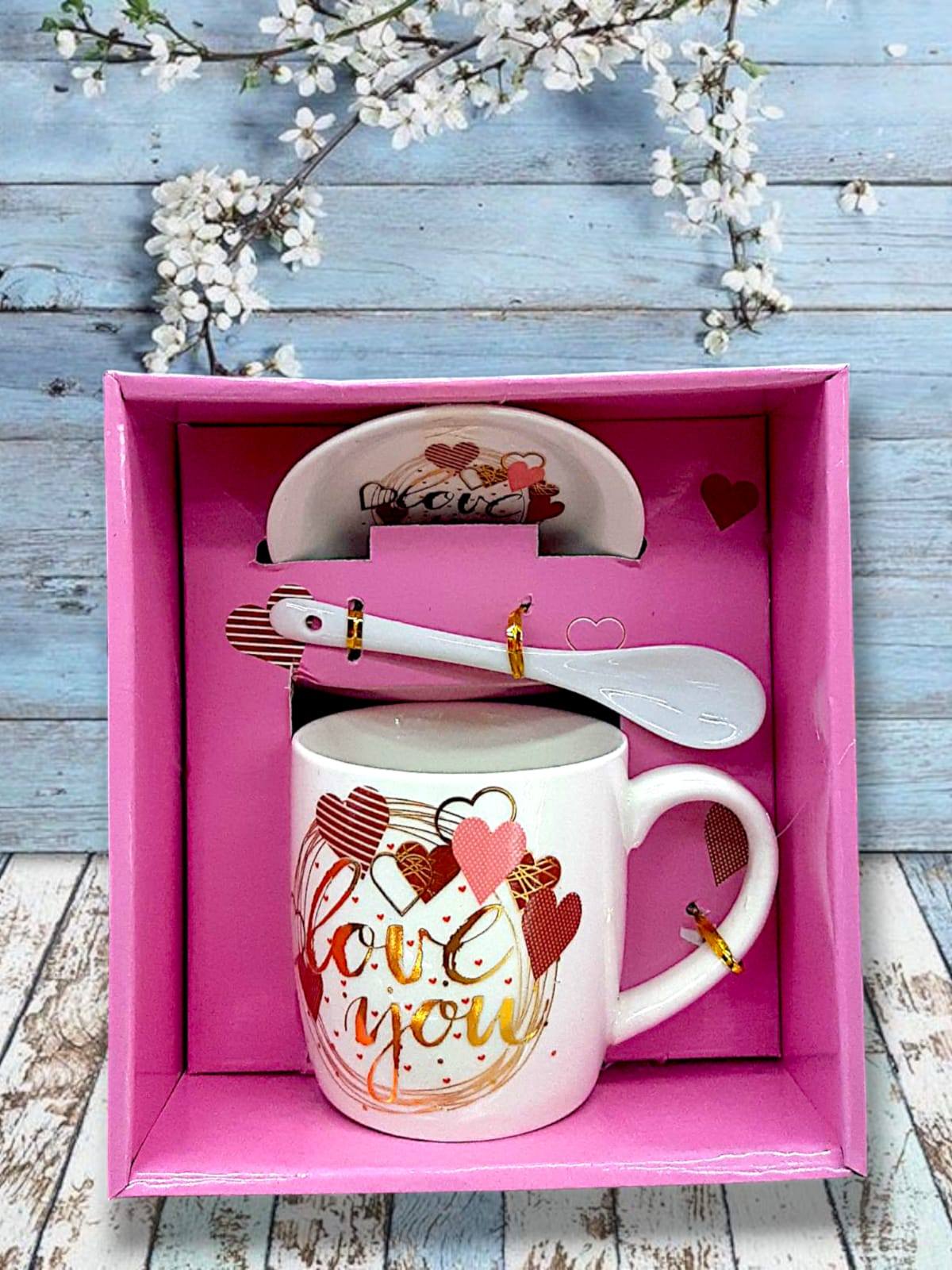 Juego De Taza Y Platillo De Cerámica Con Cuchara - 310 Ml, Regalo Para Mamá O Novia (Rosa)