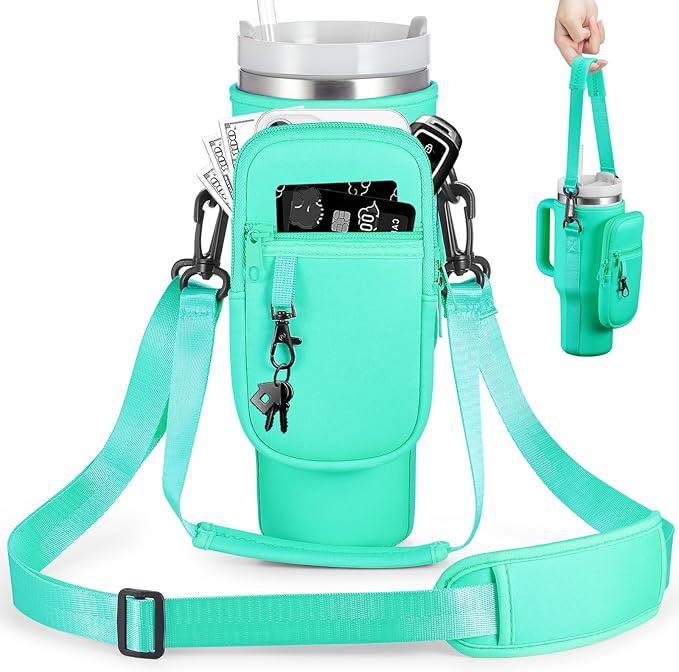 LOKASS Stanley Cup Holder With Strap – Personalized Initial, Fits 40 Oz Tumbler, Neoprene Carrier With Phone Pocket