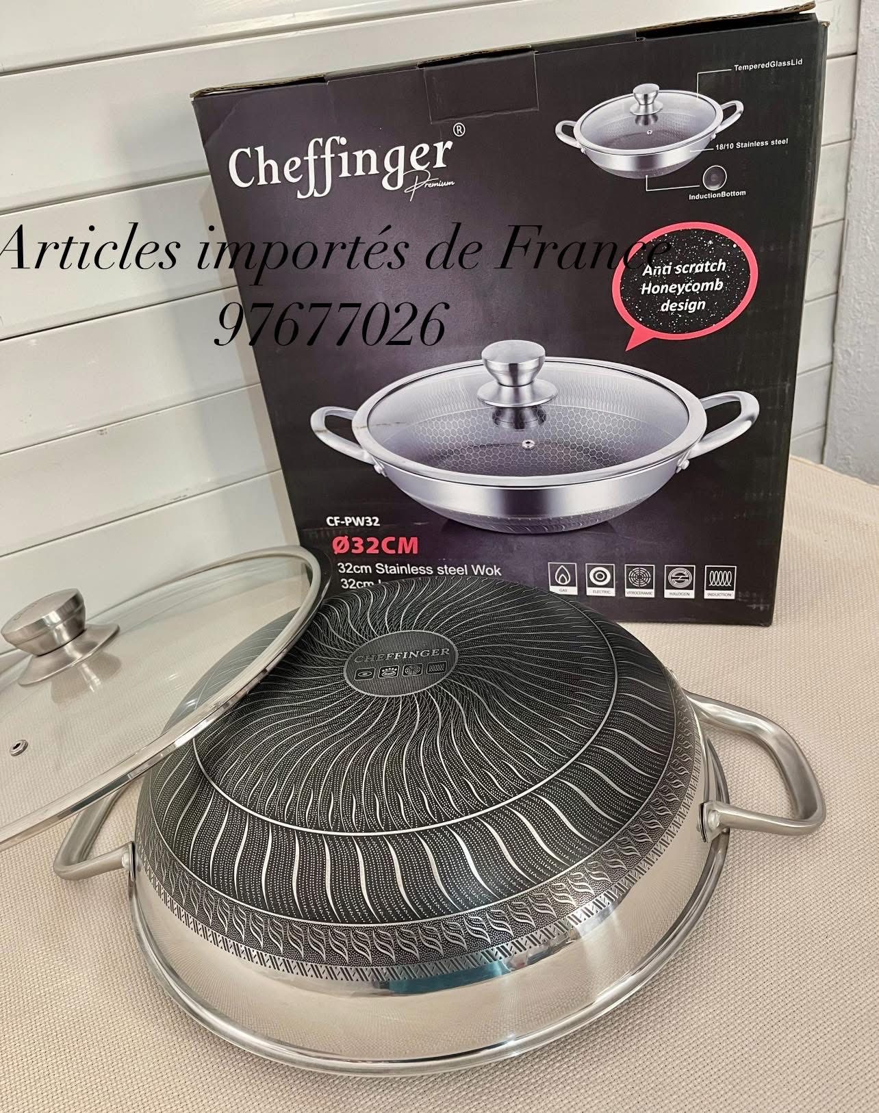 Wok 36cm Fonte D'Aluminium Induction Avec Couvercle - Revêtement Marbre Antiadhésif Silicone