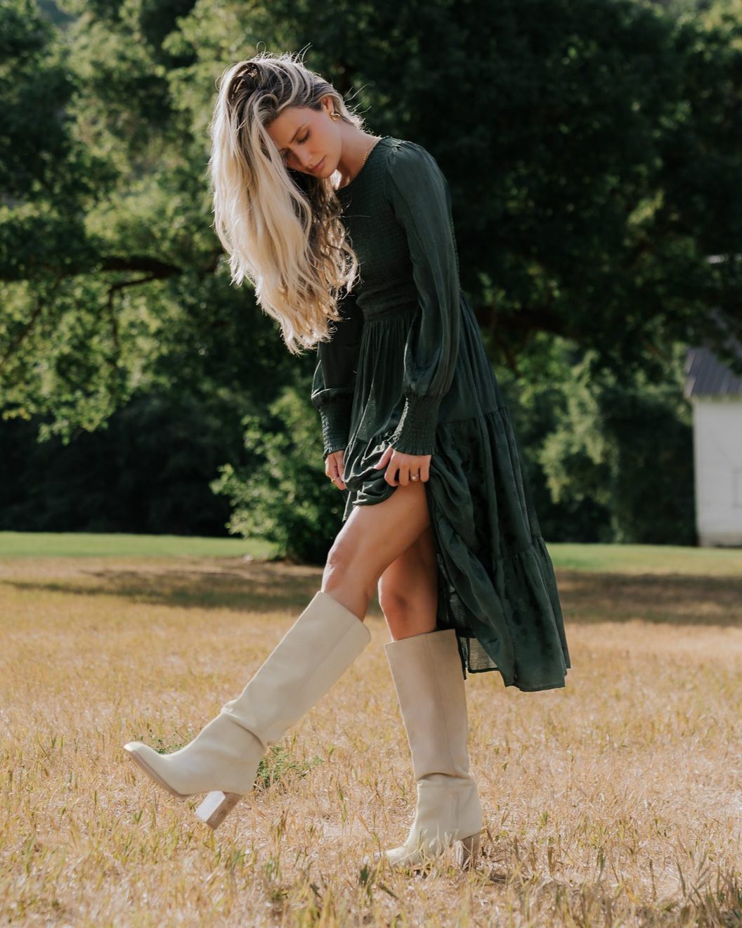 dark green smocked dress Subtle shine, rich color, and all the fall energy. 🍂 The Stockholm features delicate floral motifs with a subtle shimmer, adding the prettiest depth to its gorgeous hue export22