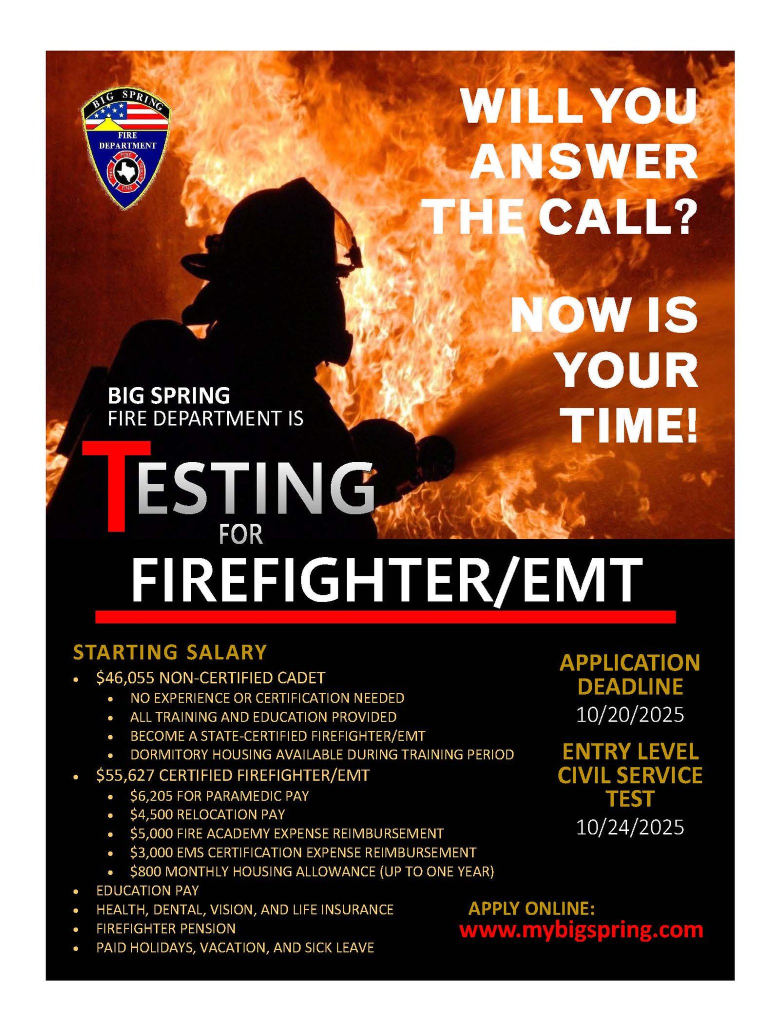🚨 ENTRY LEVEL TESTING FOR... - Big Spring Fire Department | Facebook