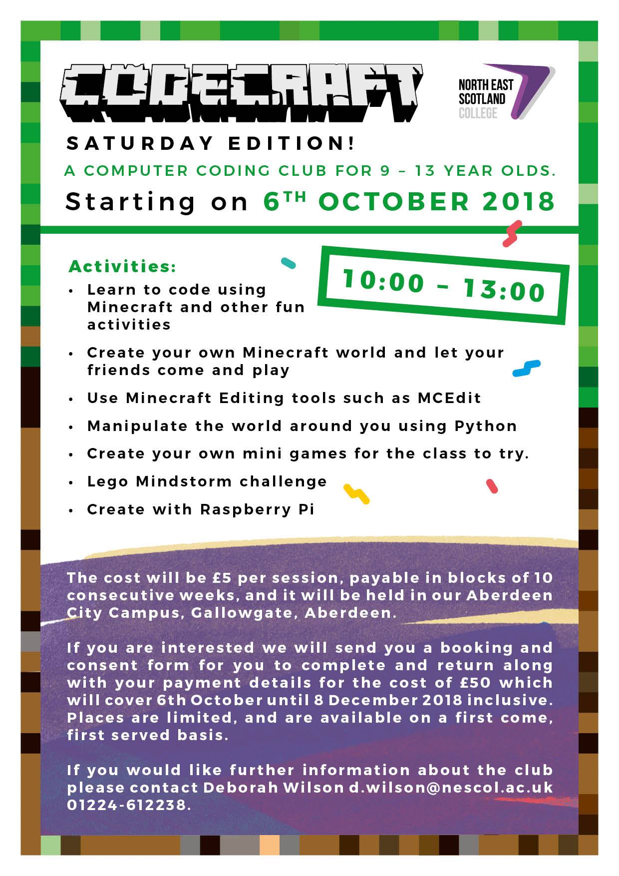 North - CodeCraft is back at NESCol! Our new Saturday club for 9 - 13 ...