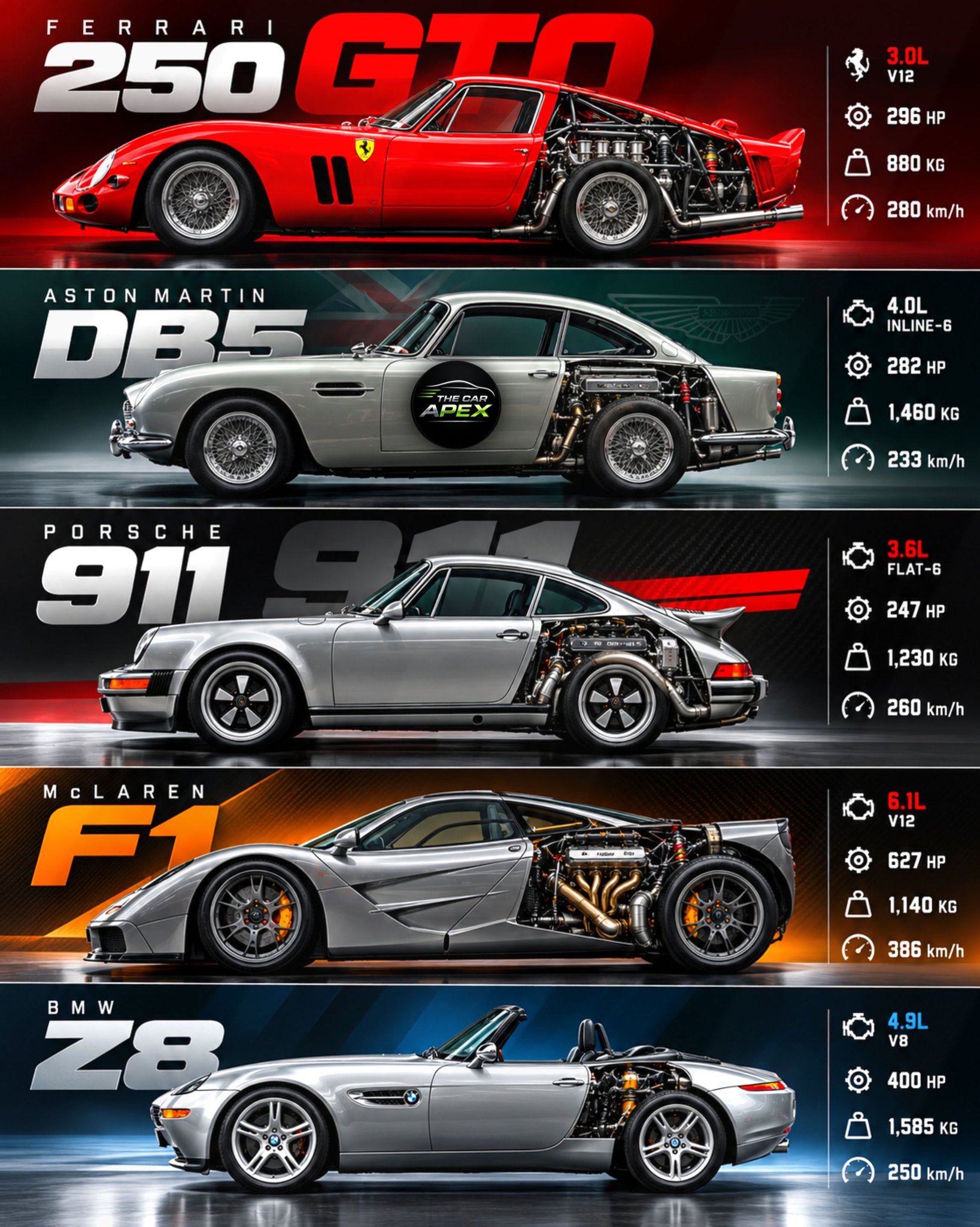 Classic car specs comparison Ferrari 250 GTO to BMW Z8