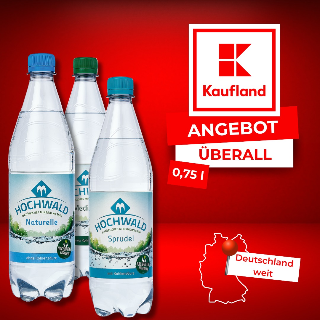 💥 Deutschlandweit erhältlich! 💥 Egal ob Sprudel, Medium oder Naturelle – unser Hochwald Mineralwasser in der praktischen 0,75l PET-Flasche gibt's jetzt im Angebot bei Kaufland! 🛒✨ 💧 Natürlich. Frisc