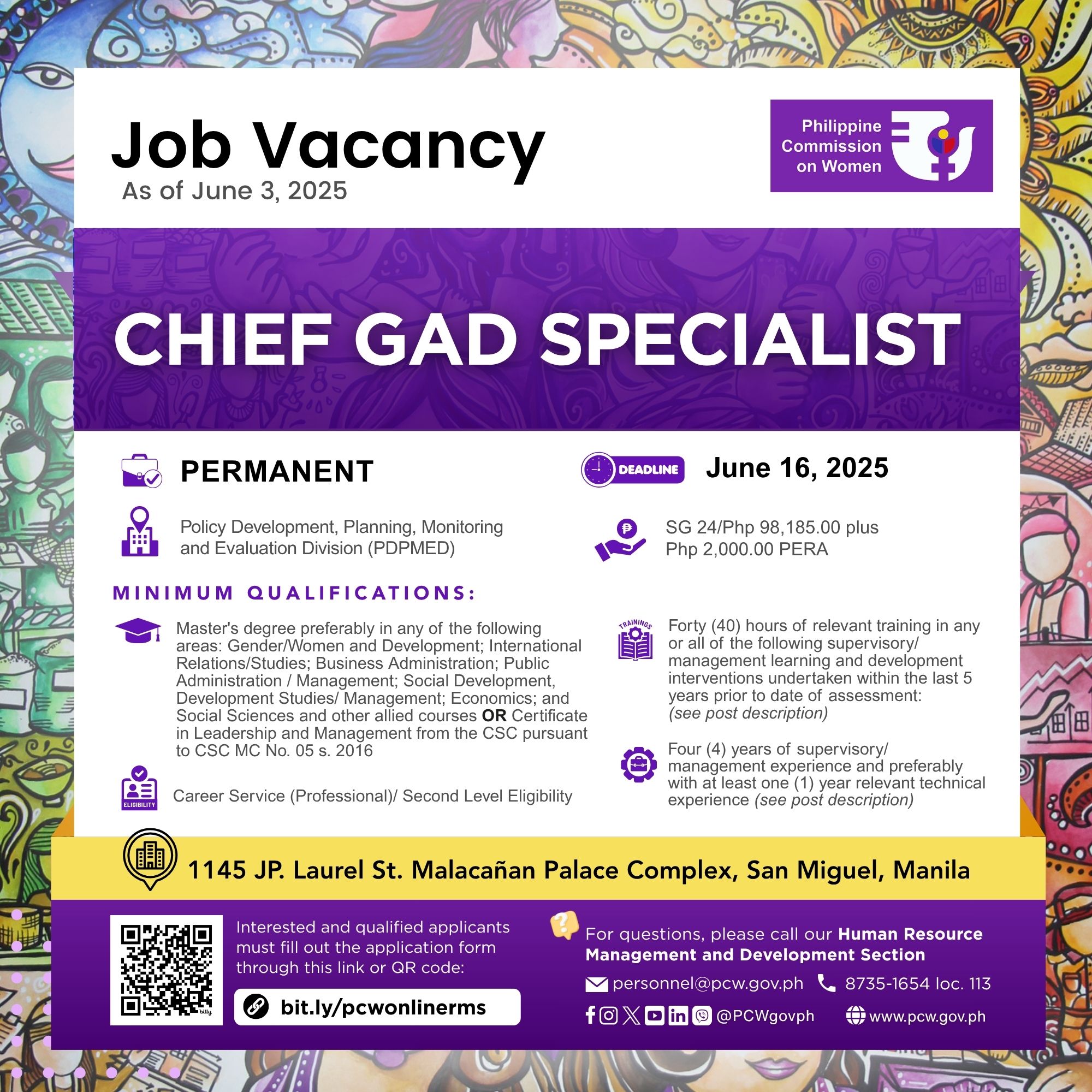 Philippine - #PCWJobVacancy2025 | CHIEF GAD SPECIALIST (PDPMED ...