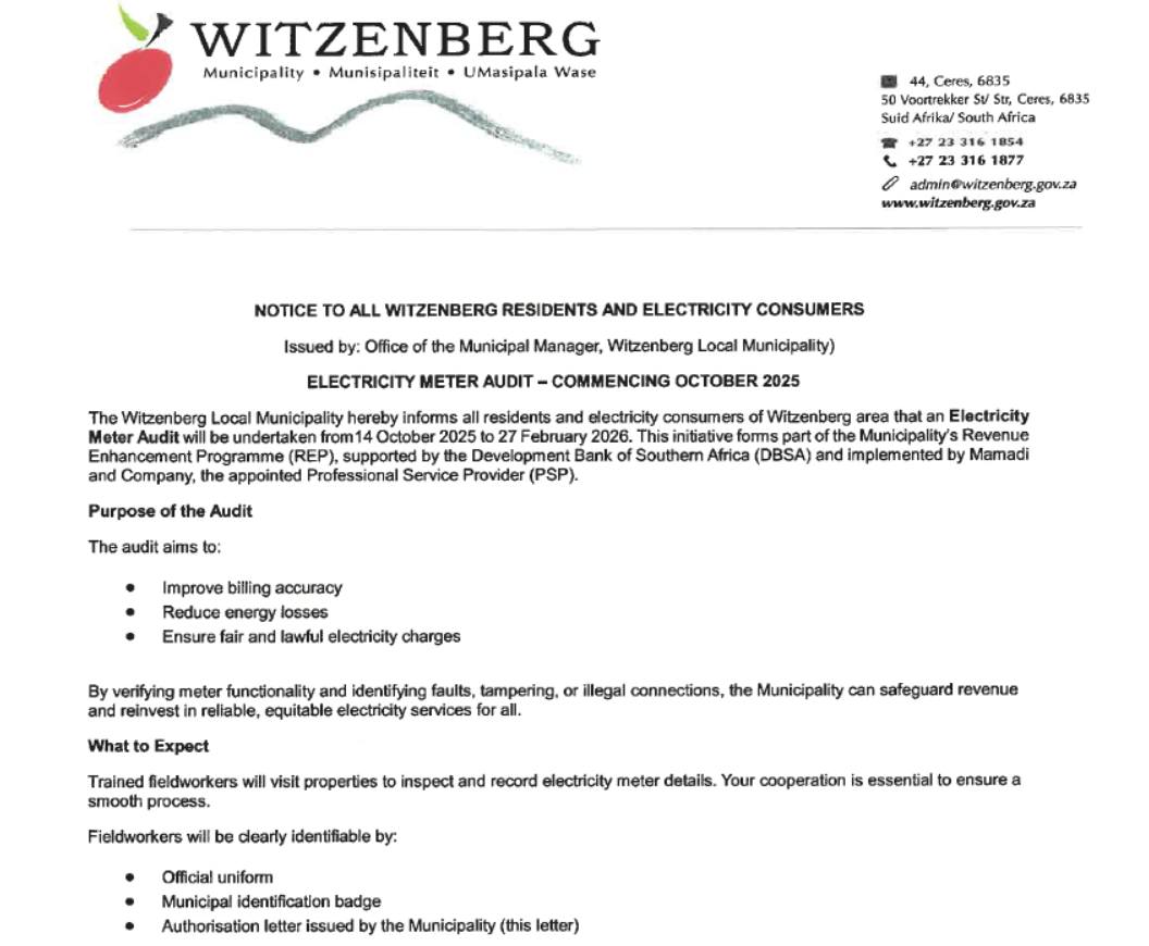 -- Notice to All... - Witzenberg Municipality - Official | Facebook